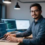 smiling-man-working-laptop-modern-office-setup