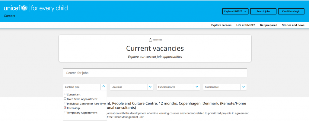 UNICEF Internship Application Page